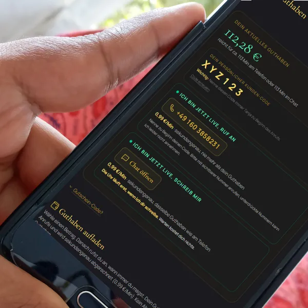 Ein Handy zeigt die Guthaben-Seite mit Kontostand, persönlichem Kunden-Code und Tanjas Telefonnummer