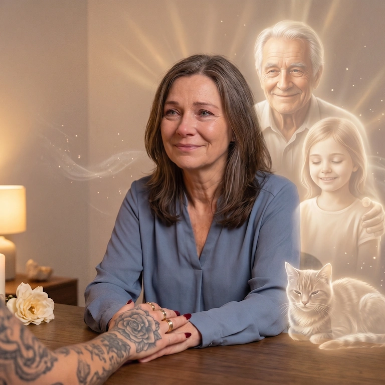 Tanja während eines medialen Jenseitskontakts, in stiller Konzentration