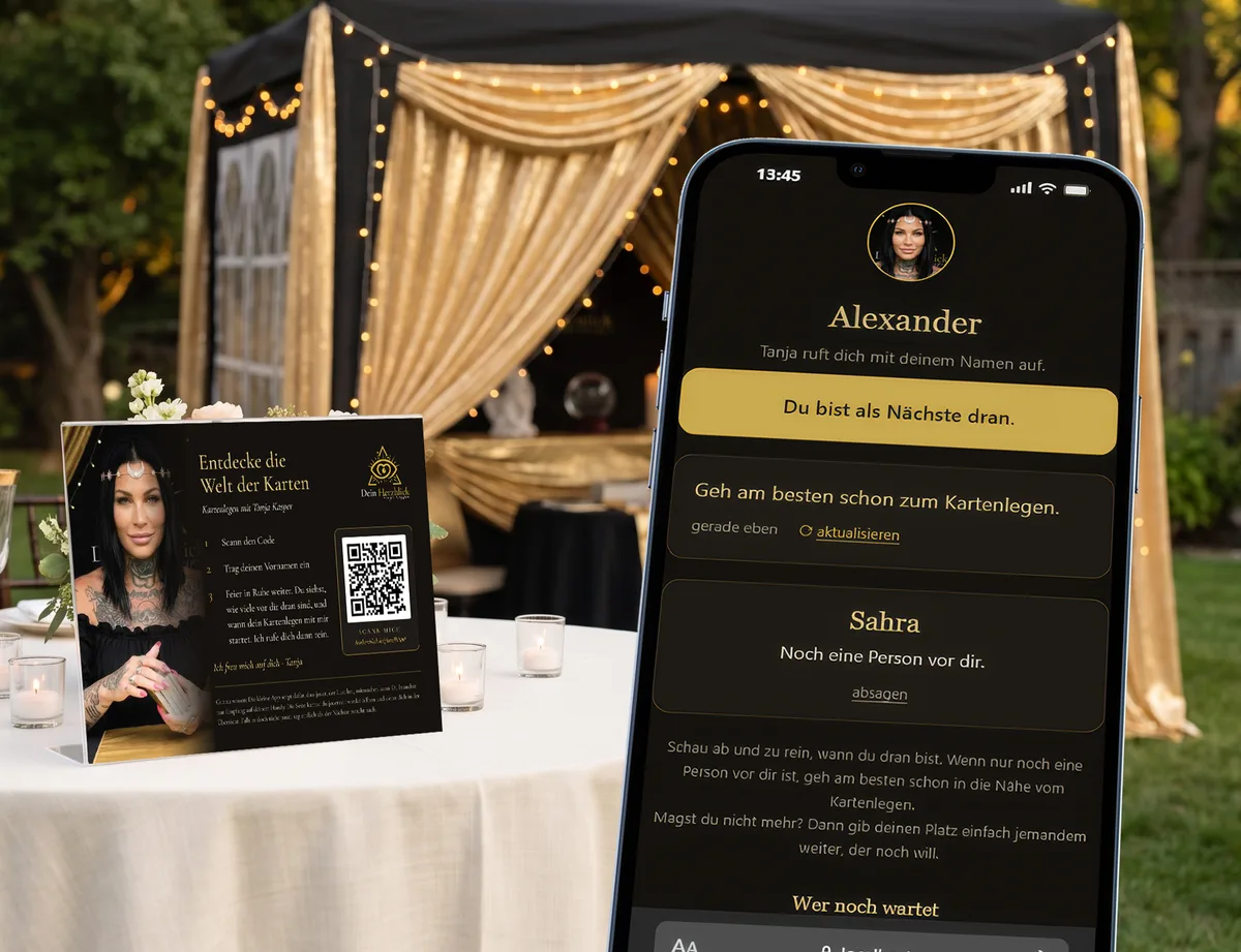 Ein Aufsteller mit QR-Code auf dem Tisch vor Tanjas Zelt, daneben ein Handy mit der Warteliste