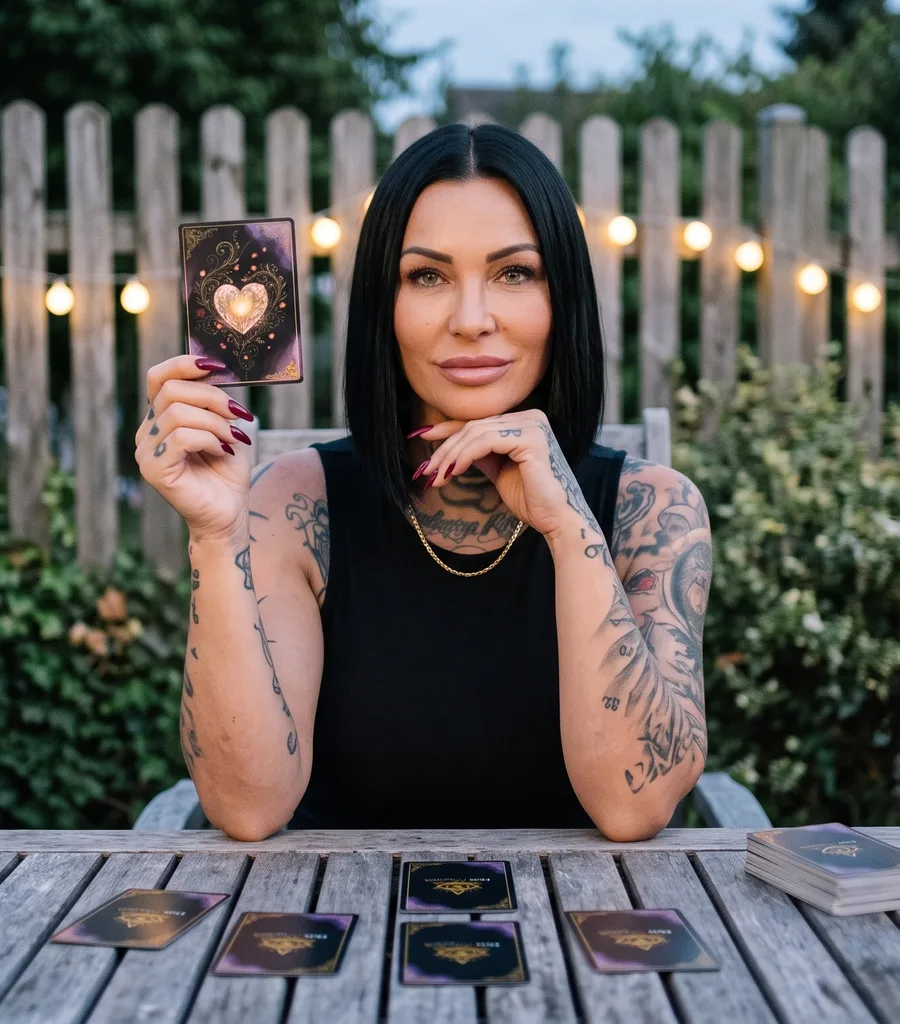Tanja Kasper hält am Gartentisch unter Lichterketten eine Karte hoch