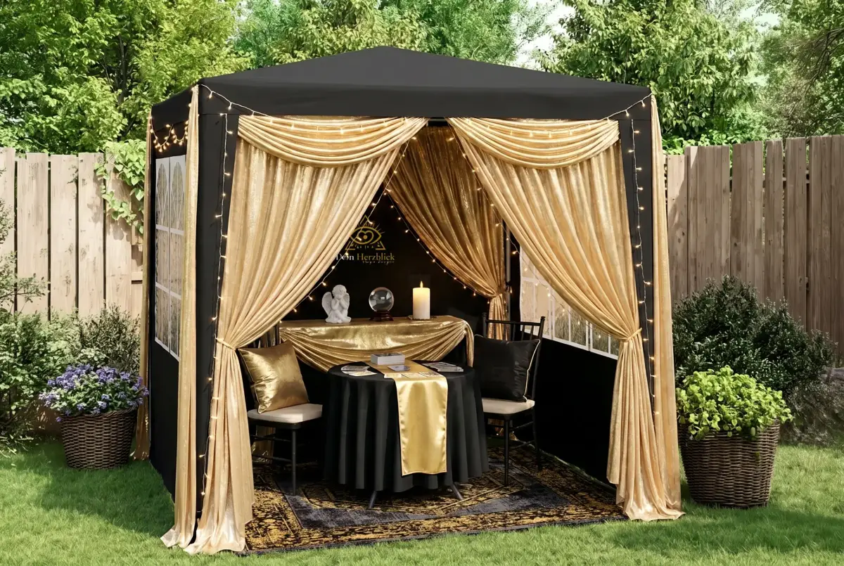 Schwarz-goldener Pavillon mit Lichterketten und Vorhängen auf einer Wiese