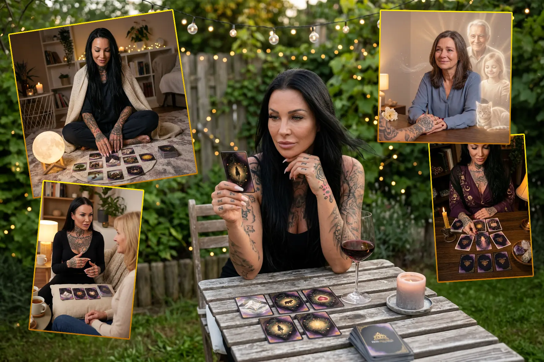 Tanja Kasper beim Kartenlegen im Garten, mit Eindrücken aus Sitzungen und Jenseitskontakten